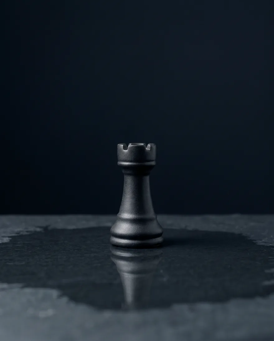 A matte black chess rook on dark slate